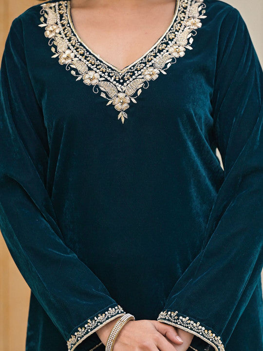 Divena Embroidered V-Neck Velvet Straight Kurta With Trouser & Dupatta