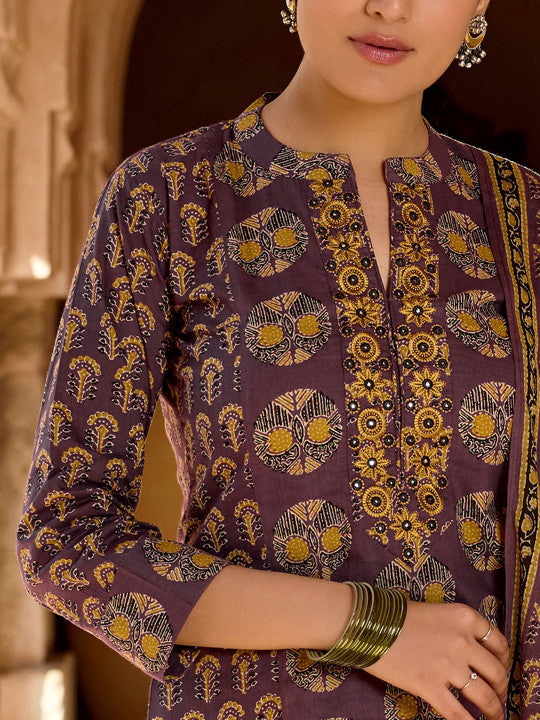 WOMEN PLUS Women Ethnic Motifs Embroidered Cotton Kurta with Pyjama & Dupatta