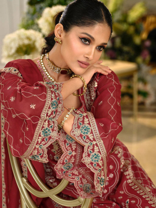 Indo Era Ethnic Motifs Embroidered Zari Organza Straight Kurta & Trousers With Dupatta