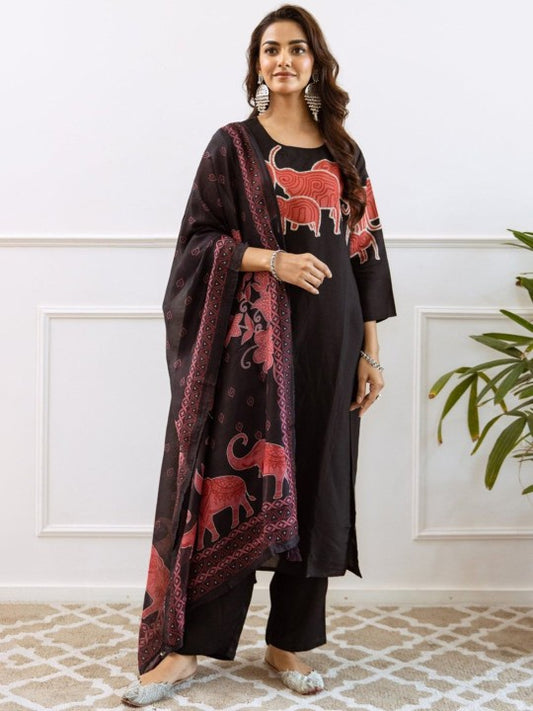AUTUMN LANE Geometric Printed Pure Cotton Straight Kurta with Trouser & Dupatta