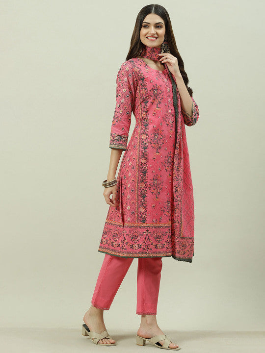 Biba Women Floral Embroidered Regular Pure Cotton Kurta with Trousers & With Dupatta