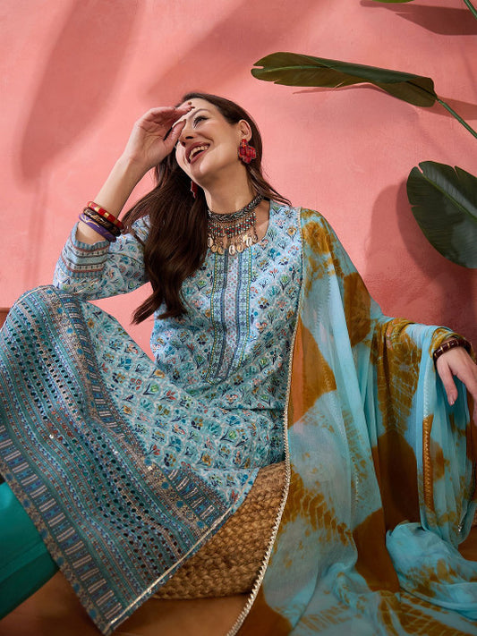 Floral Printed Round Neck Straight Kurta With Trouser And Dupatta