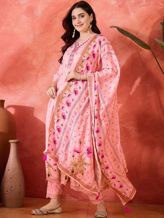 CHHAAP Women Floral Embroidered Anarkali Kurta with Trousers & Dupatta