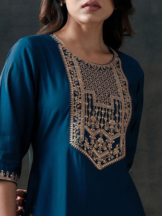 Gerua By Libas Floral Yoke Design Sequinned Straight Kurta With Trousers & Dupatta
