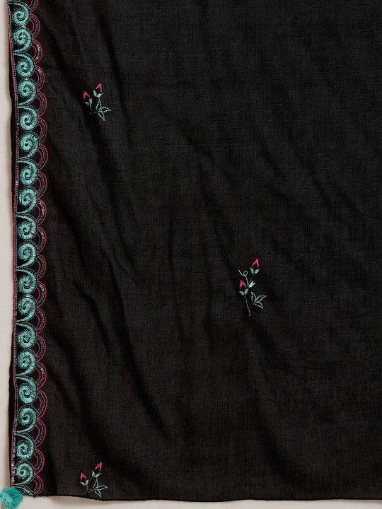FASHOR Floral Embroidered Pure Cotton Straight Kurta With Trousers & Dupatta