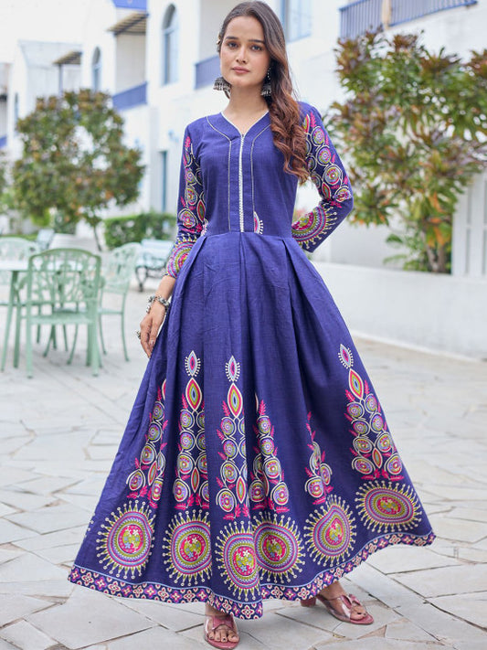 Floral Printed V-Neck Fit And Flare Ethnic Dresses