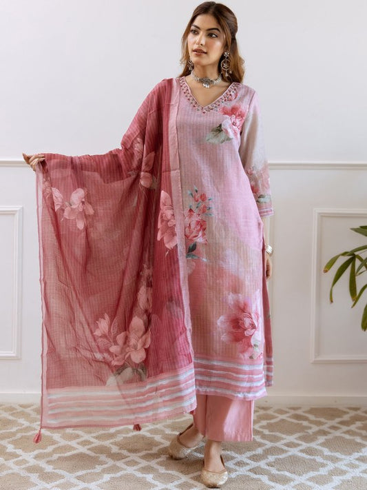 FILO HEVIS Floral Printed V-Neck Pure Cotton Straight Kurta With Palazzos & Dupatta