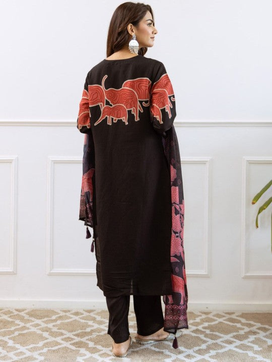 AUTUMN LANE Geometric Printed Pure Cotton Straight Kurta with Trouser & Dupatta