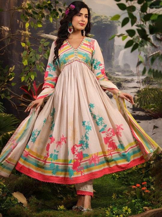 AARAAS Women Pure Cotton Anarkali Kurta with Trouser & Dupatta