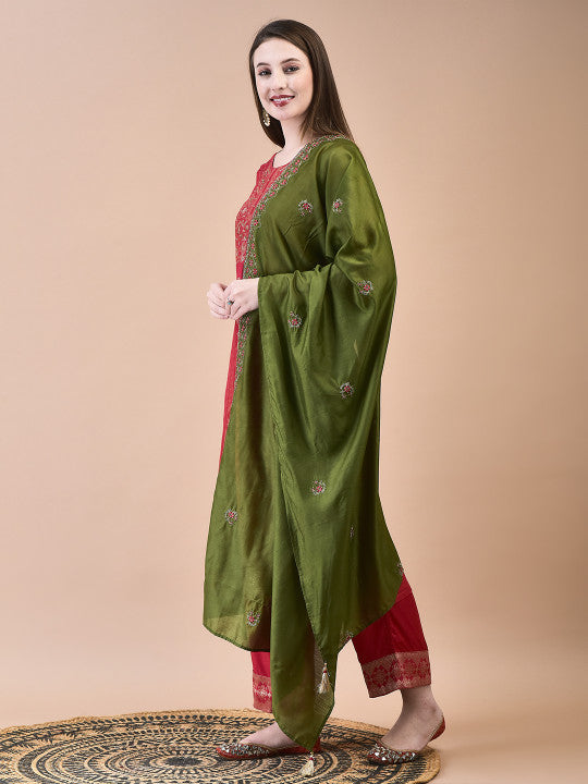 Floral Woven Design Sequinned Dola Jacquard Straight Kurta with Trousers & Dupatta