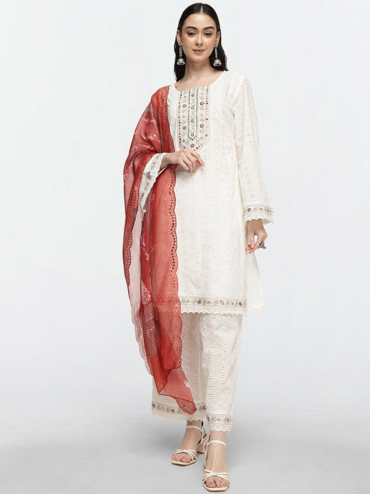 Ishin Women Floral Printed Cotton Kurta with Trousers & Dupatta