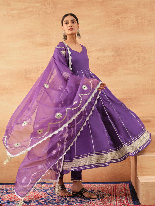 Ishin Gotta Patti Pure Cotton Anarkali Kurta With Trouser & Dupatta