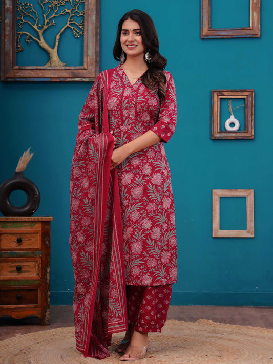 Floral Printed V-Neck Pure Cotton Straight Kurta With Salwar And Dupatta