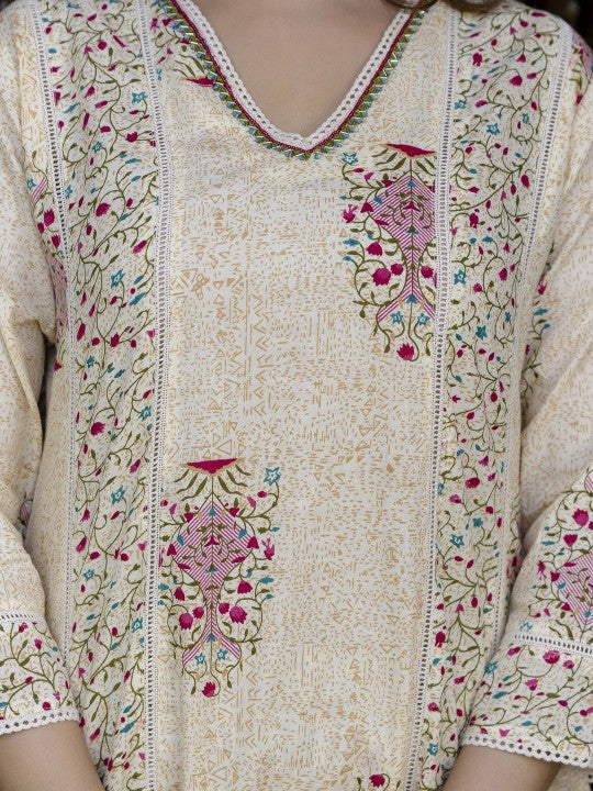 Anouk Floral Printed Panelled V-Neck Pure Cotton A-Line Kurta With Palazzos & Dupatta