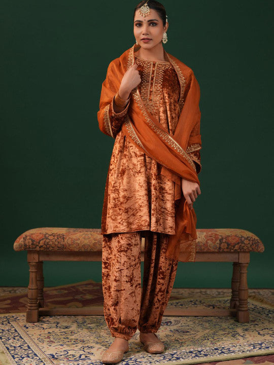 anayna Women Embroidered Regular Velvet Kurta with Dhoti Pants & With Dupatta