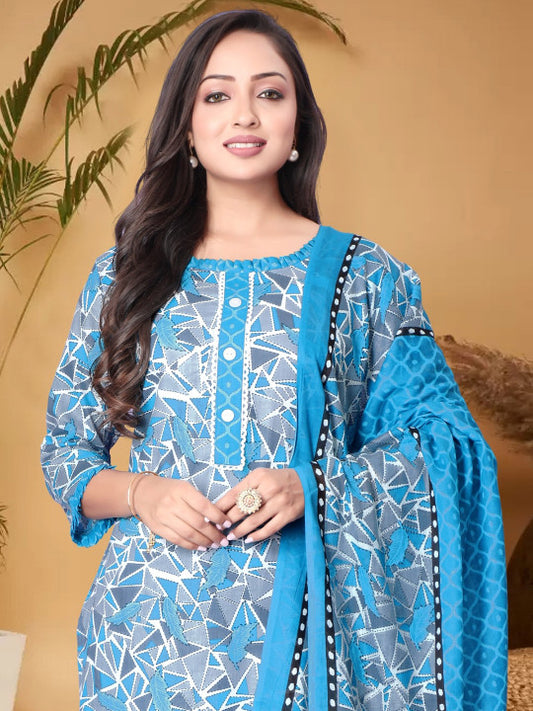 Anouk Blue Geometric Printed Pure Cotton Kurta With Trousers & Dupatta