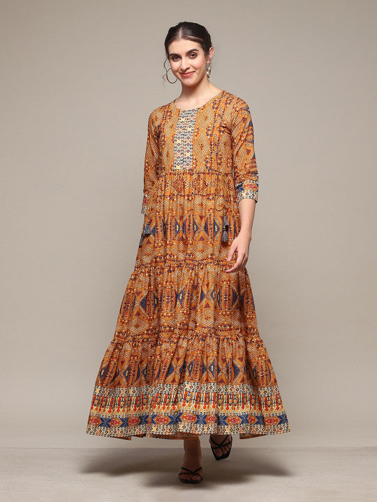 Biba Ethnic Motifs Printed Fit & Flare Tiered Cotton Ethnic Dress