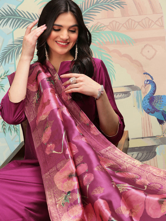 Ishin Notch Neck Silk Crepe Straight A-Line Kurta with Trousers & Dupatta