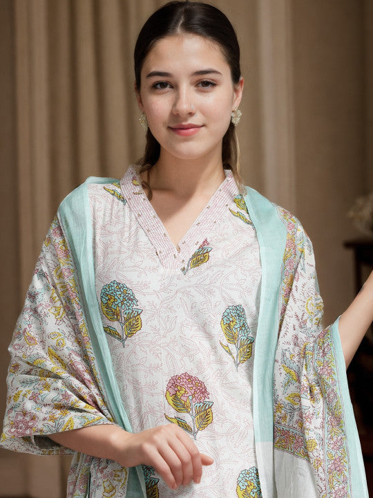 Jaipur Kurti Floral Printed Cotton Suit Set