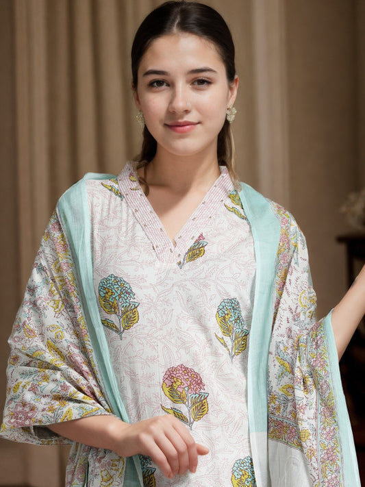 Jaipur Kurti Floral Printed Cotton Suit Set