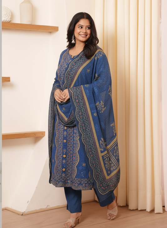 Viscose Butti Flared Blue Kurta