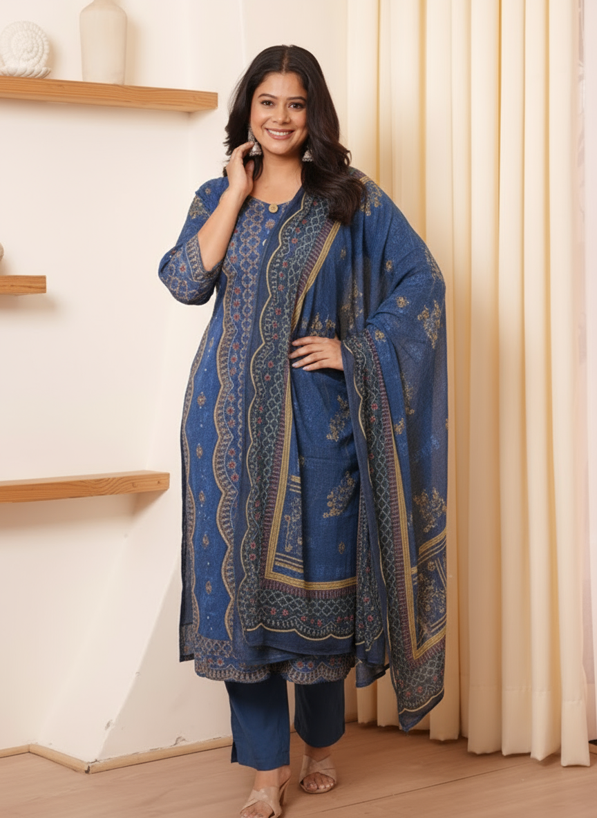 Viscose Butti Flared Blue Kurta
