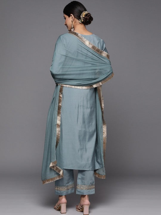 Neck Floral Embroidered Kurta with Trouser & Dupatta