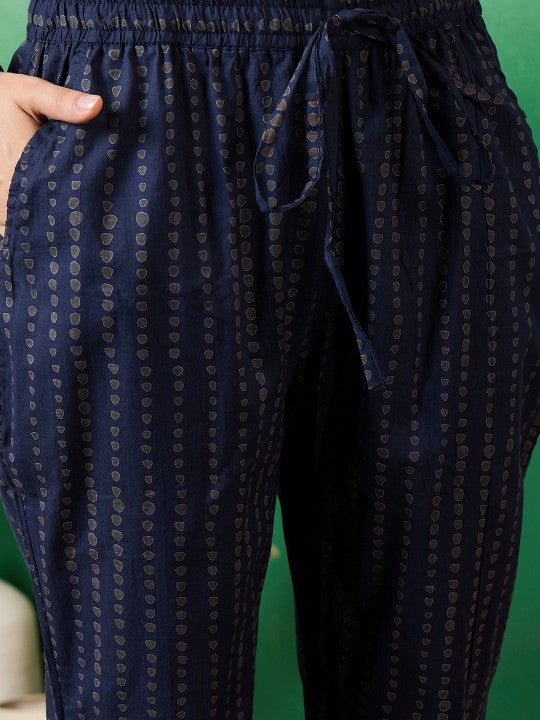 Neck Printed Pure Cotton Kurta With Trousers & Dupatta