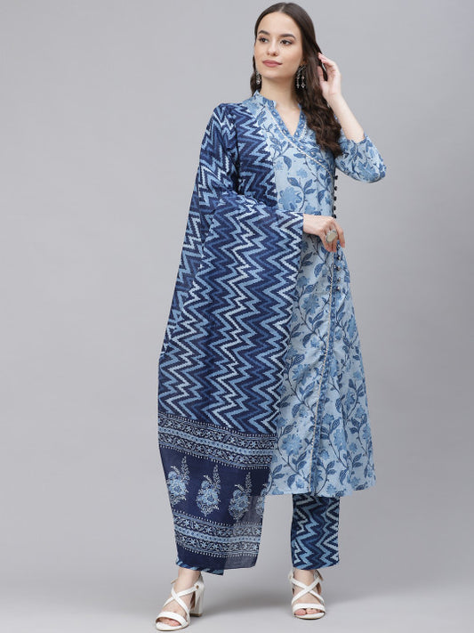 AHIKA Women Blue & Off-White Ethnic Motifs Print Cotton Kurta with Trousers & Dupatta