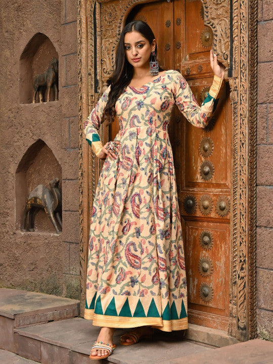 Vinya Ethnic Motifs Printed V-Neck Long Sleeves Fit & Flare Maxi Dress