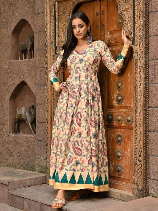 Vinya Ethnic Motifs Printed V-Neck Long Sleeves Fit & Flare Maxi Dress