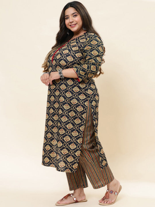 Sringam Round Neck Floral Printed Regular Pure Cotton Kurta with Trousers & With Dupatta