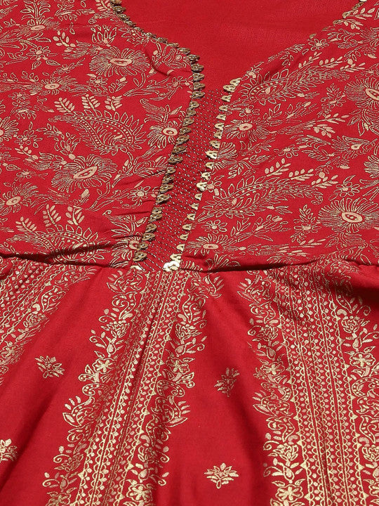 Biba Ethnic Motifs Printed V-Neck Sequinned Detailed Fit & Flare Midi Ethnic Dress