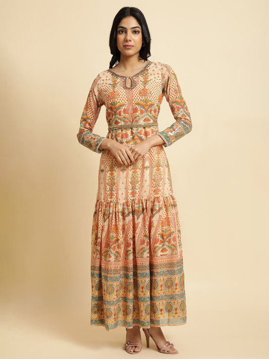 W Beige Floral Print Maxi Ethnic Dress
