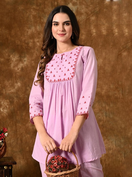YELLOW PARROT Embroidered Round Neck Three-Quarter Sleeves Pure Cotton Top With Trouser