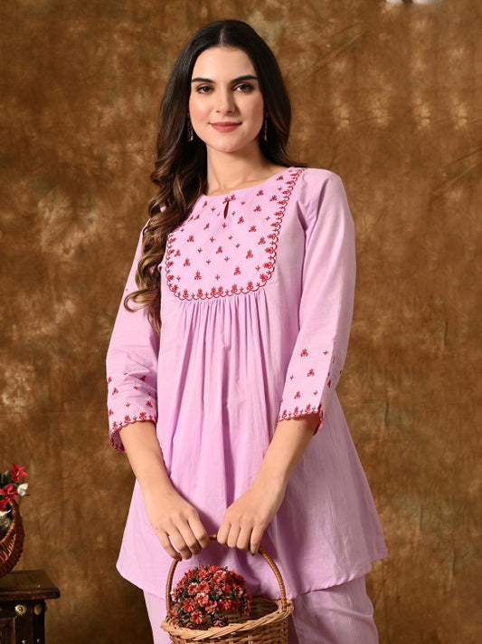 YELLOW PARROT Embroidered Round Neck Three-Quarter Sleeves Pure Cotton Top With Trouser
