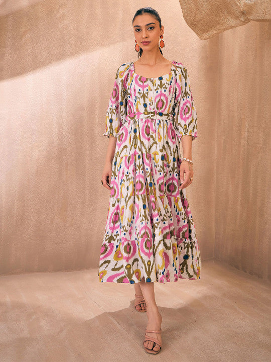 Printed Belted Tiered Cotton A-Line Midi Ethnic Dress