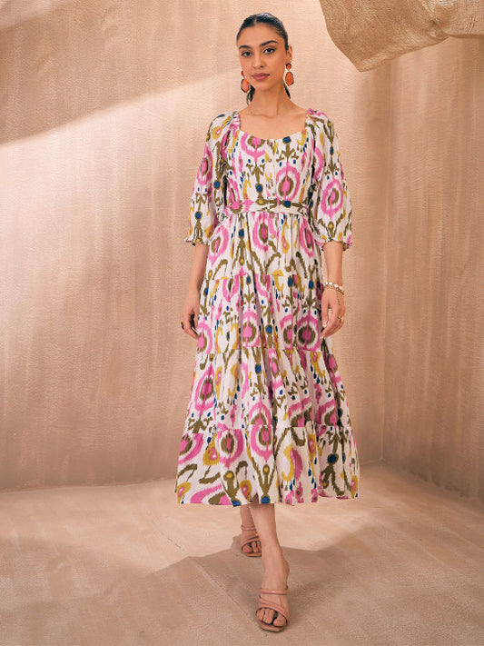Printed Belted Tiered Cotton A-Line Midi Ethnic Dress