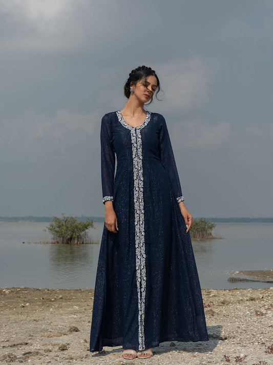 Midnight Blue Embellished Long Jacket Dress