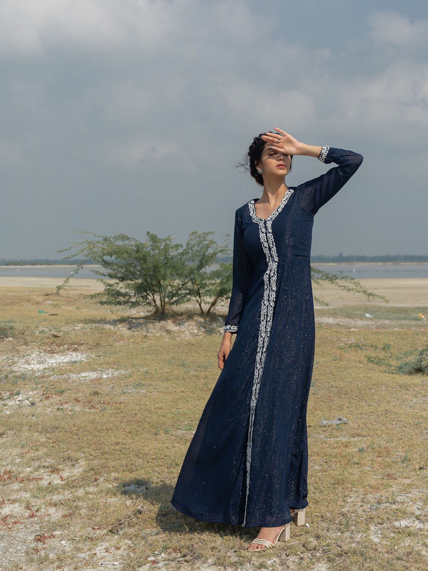 Midnight Blue Embellished Long Jacket Dress