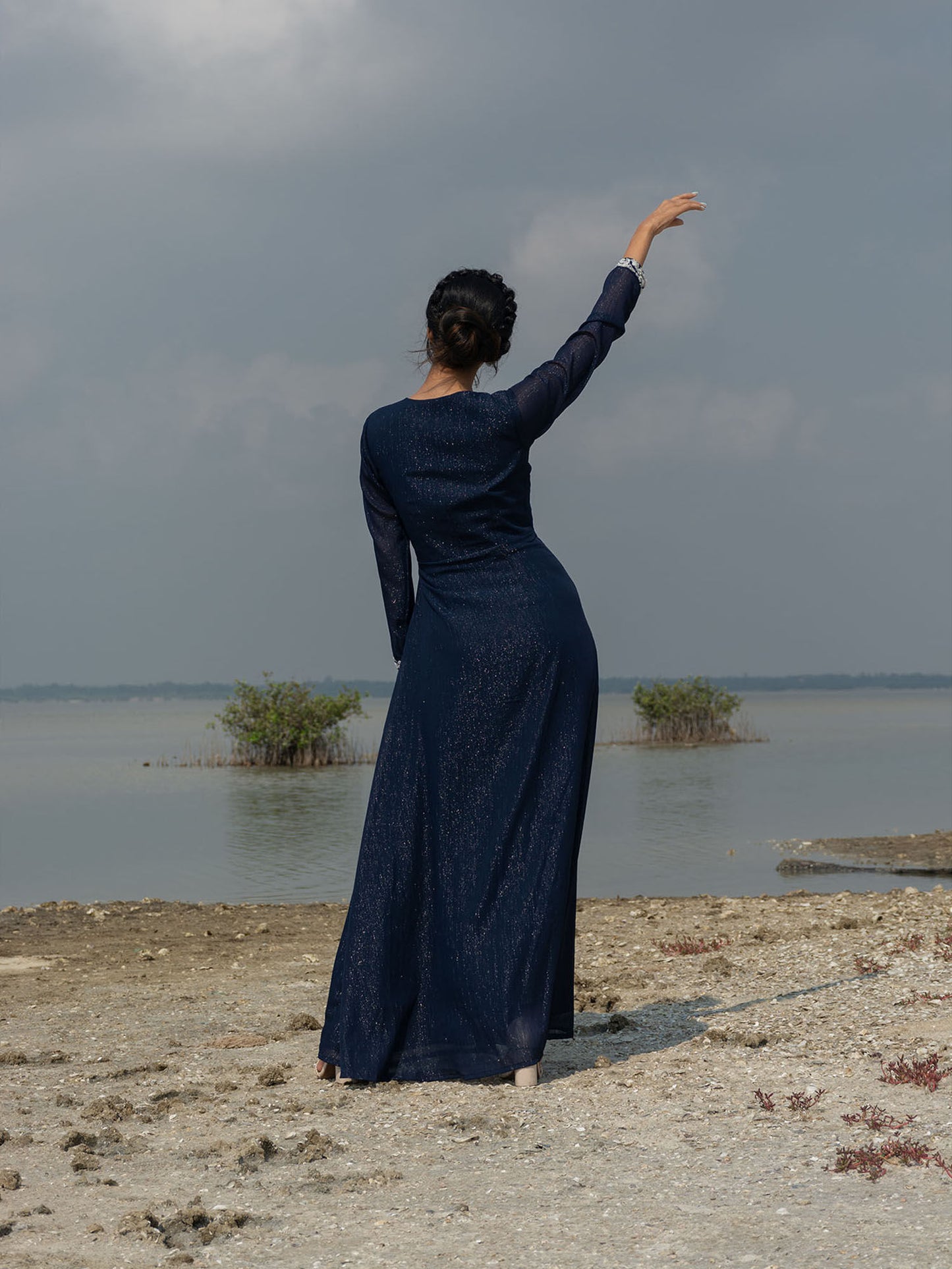 Midnight Blue Embellished Long Jacket Dress