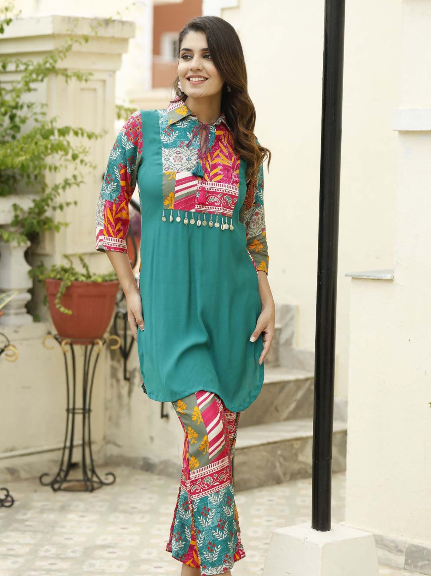 Green Collar Neck Embroidered Top with Trouser (Set of 2)