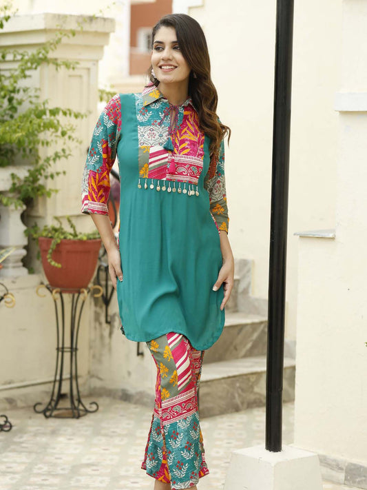Green Collar Neck Embroidered Top with Trouser (Set of 2)