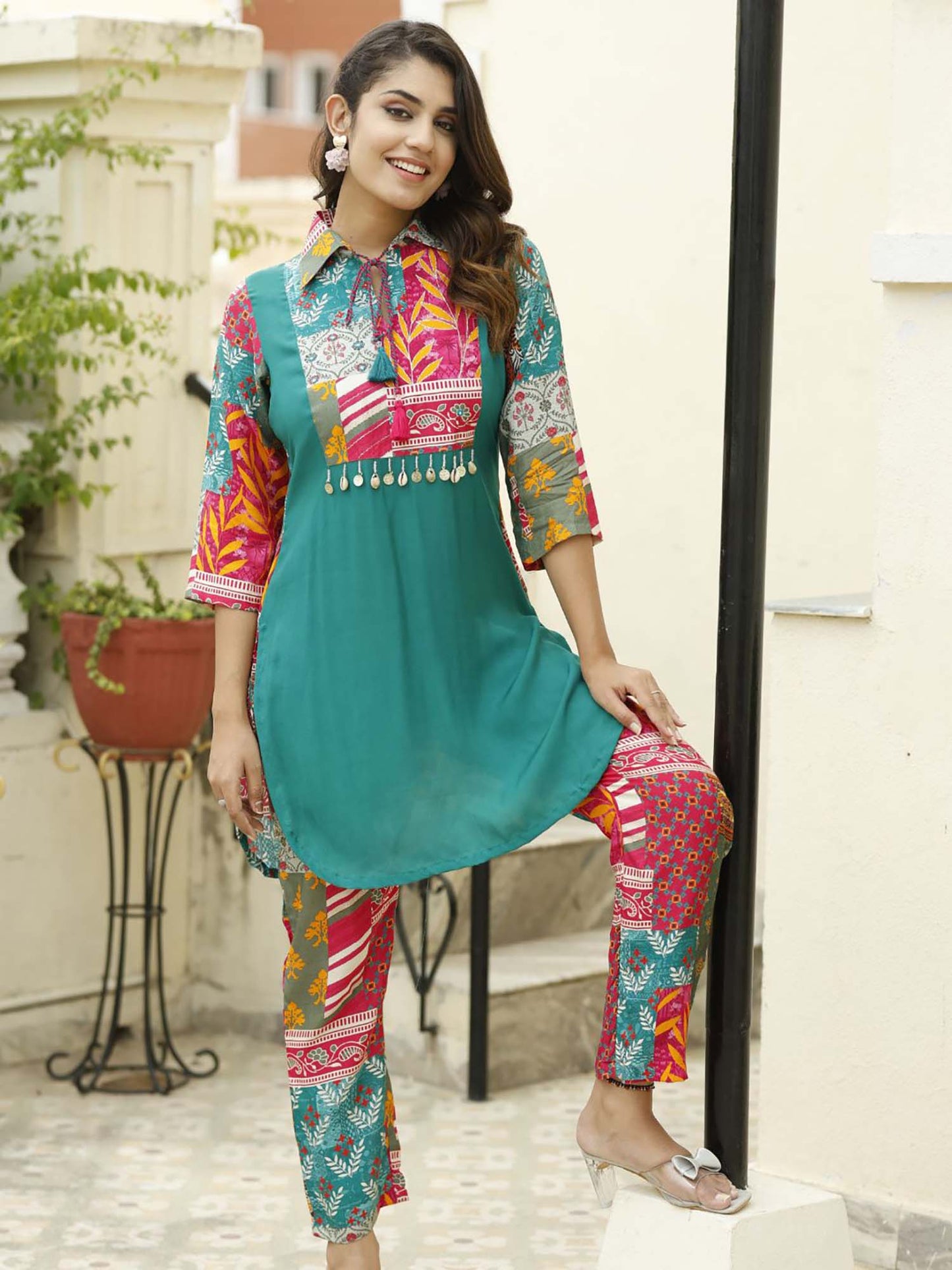 Green Collar Neck Embroidered Top with Trouser (Set of 2)