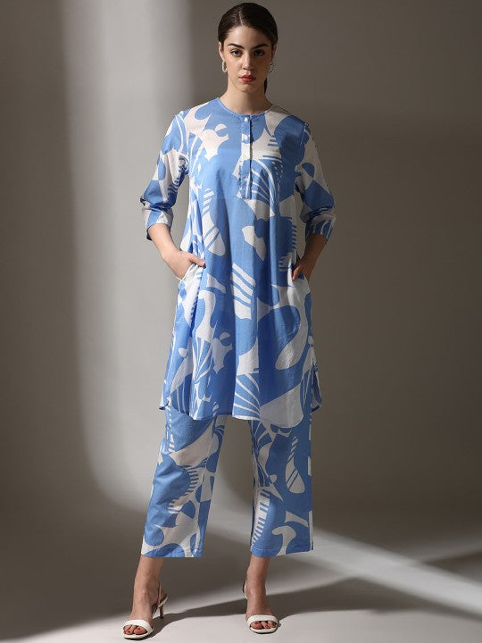 Dora Dori Pure Cotton Round Neck Abstract Printed Kurta With Trouser