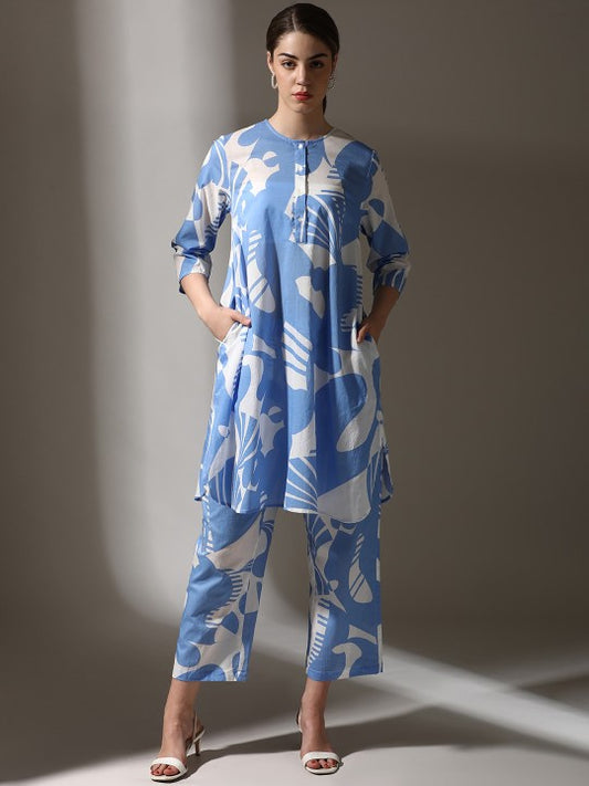 Dora Dori Pure Cotton Round Neck Abstract Printed Kurta With Trouser