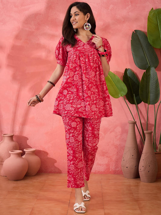 Cotton Floral Printed with Gathered Detail Red Co-Ord (Set of 2)