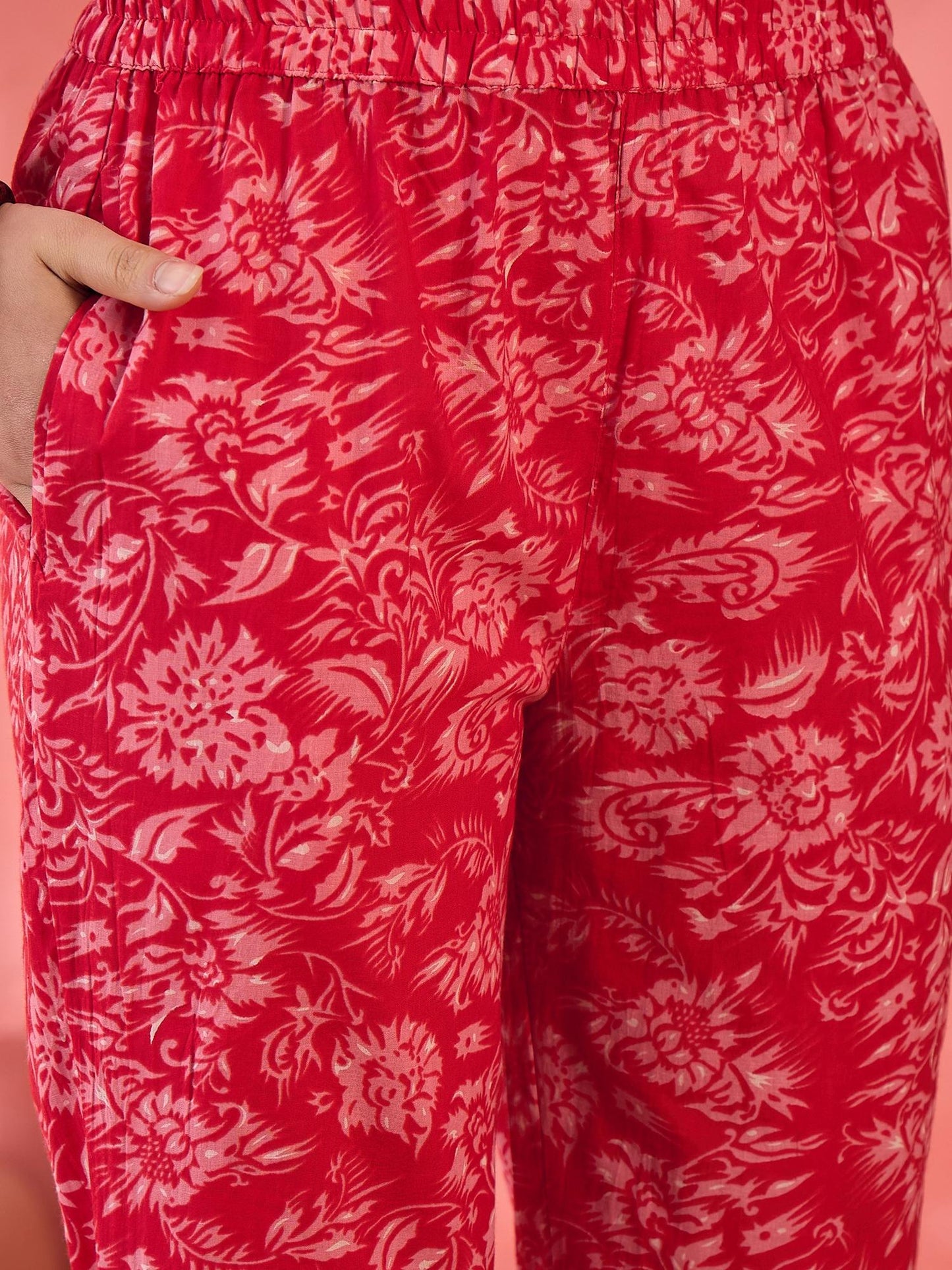 Cotton Floral Printed with Gathered Detail Red Co-Ord (Set of 2)
