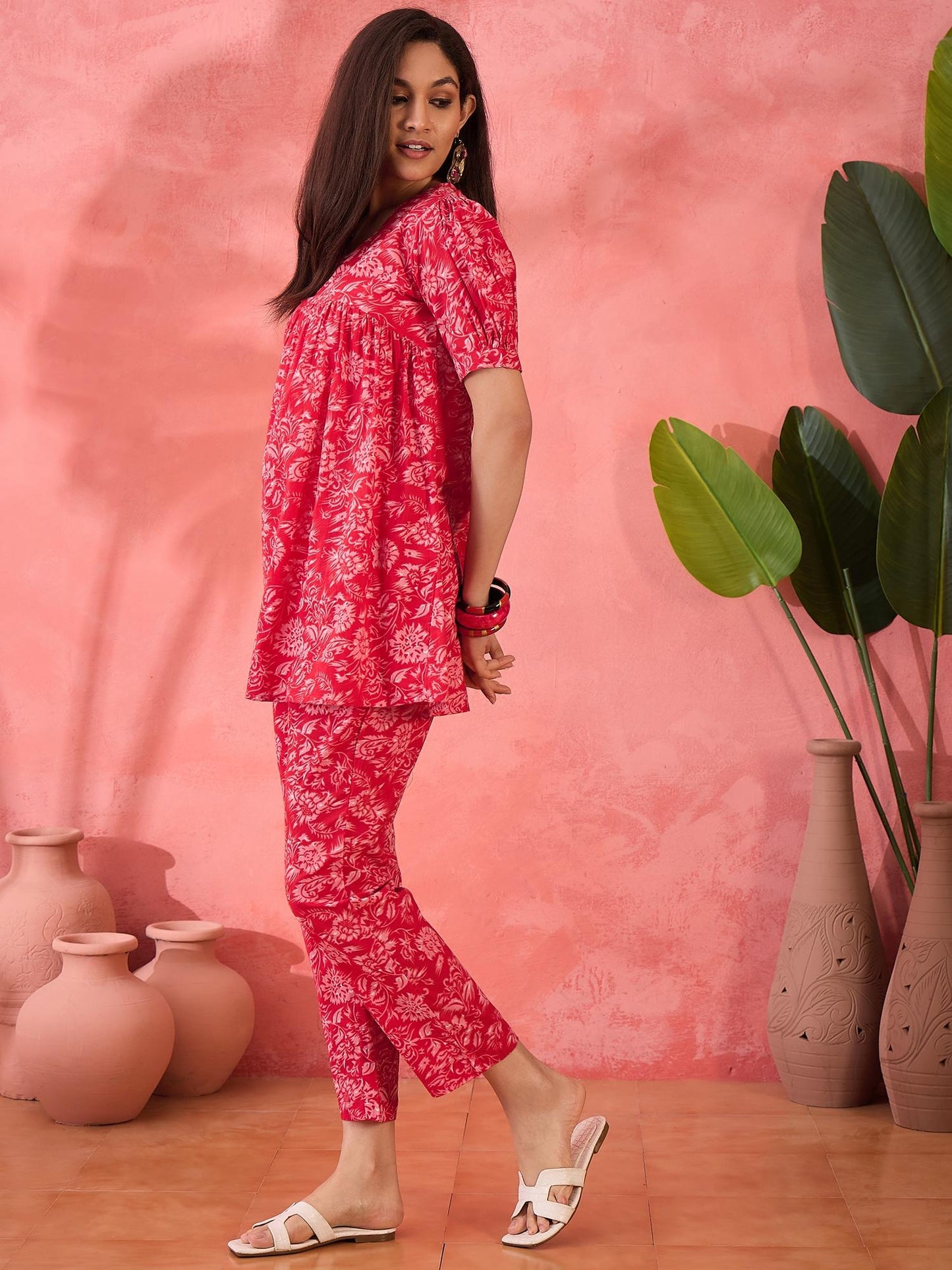 Cotton Floral Printed with Gathered Detail Red Co-Ord (Set of 2)