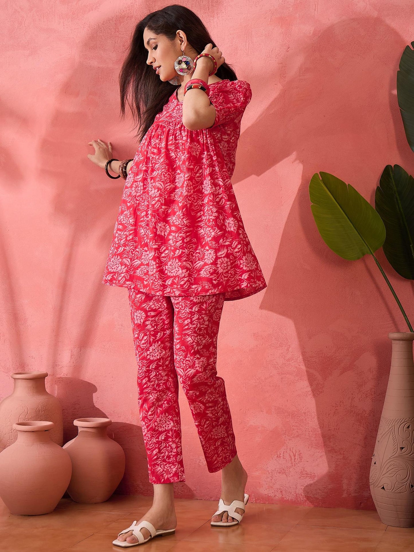 Cotton Floral Printed with Gathered Detail Red Co-Ord (Set of 2)